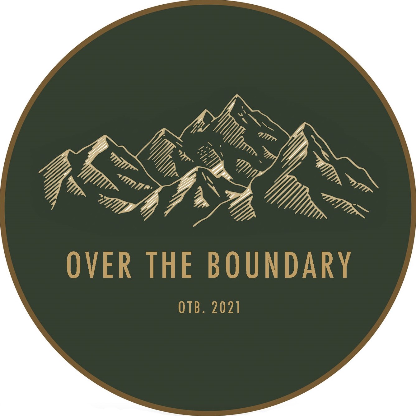 Over The Boundary crest logo. Gold and forest green, with a sketch of mountains and OVER THE BOUNDARY written below in all caps.